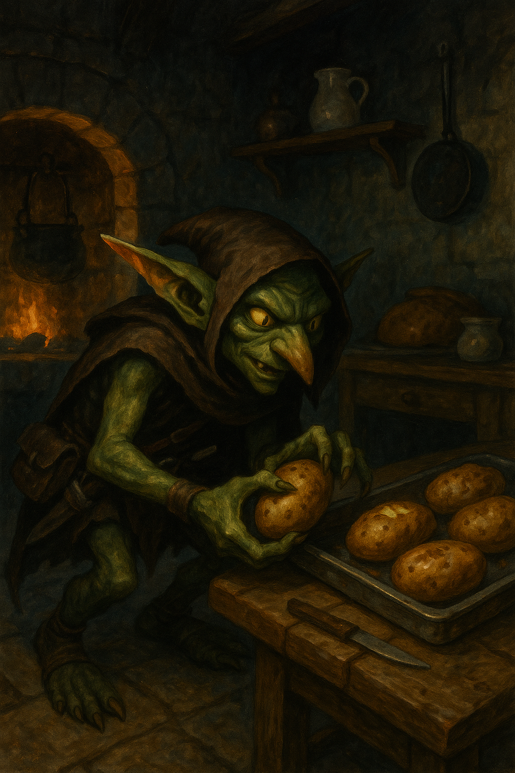 Spibnuk stealing a baked potato in the kitchen at night